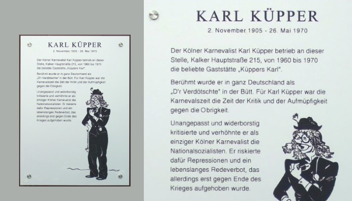 Gedenktafel für Karl Küpper am Haus Kalker Hauptstr. 215 in Köln Kalk. Foto/Detail: Balham Bongos, Gemeinfrei, https://commons.wikimedia.org