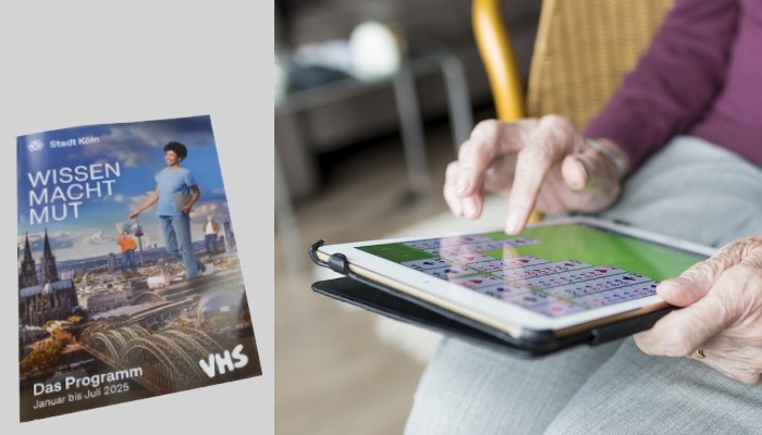 Das neue Programm der Volkshochschule ist da. Fotos: Programm-Cover (links), VHS Köln 2025 (©) L. Schneider-Benjamin,  Sabine van Erp Pixabay (rechts)